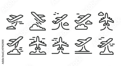 Minimalist black line art airplane icons illustrating various flight, takeoff, and landing movements.
