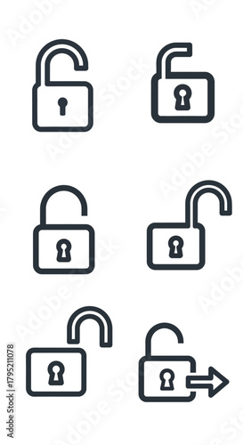 Set of six black outline open padlock icons, depicting unlocked security, access, and logout states for digital interfaces.
