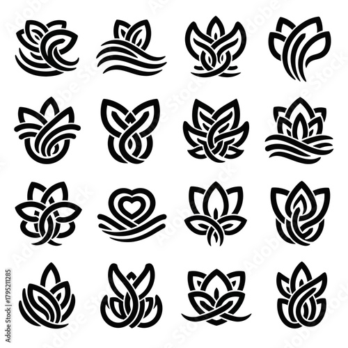 Set of sixteen black abstract lotus flower icons with interwoven Celtic knot and wave designs.