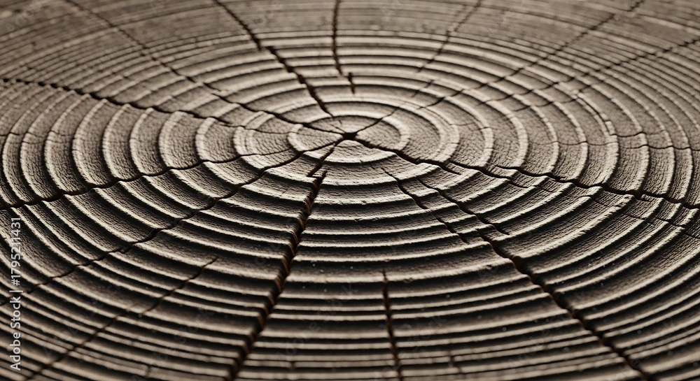 Obraz premium Closeup of weathered tree trunk crosssection showing distinct growth rings and radial cracks