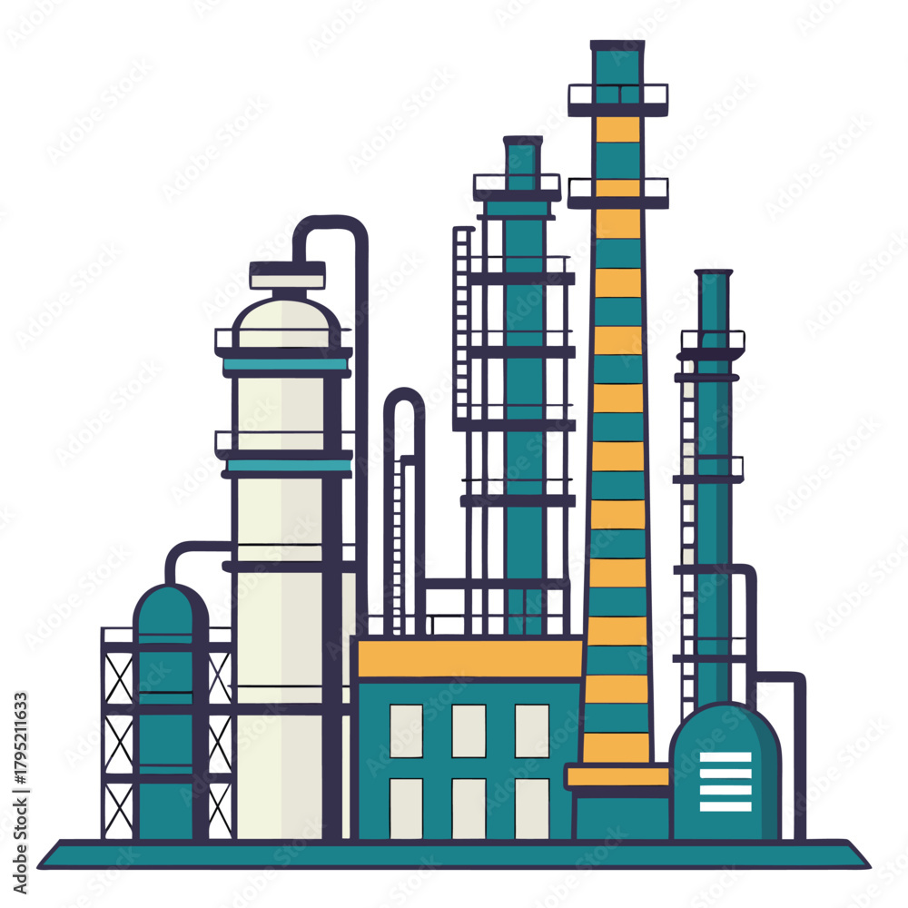 Obraz premium Illustration of a refinery with tall towers and connected pipelines on a white background view from afar