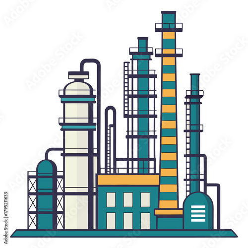 Illustration of a refinery with tall towers and connected pipelines on a white background view from afar