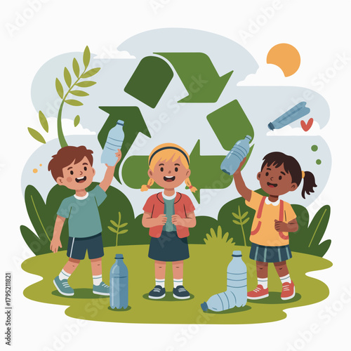 Children recycling plastic bottles isolated on