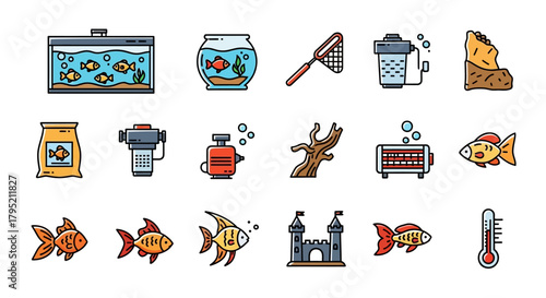 Collection of Colorful Aquarium and Fish-Related Icons.