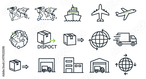 Logistics and Delivery Icons - World Map, Cargo Ship, Airplane, Box, Truck, Warehouse.