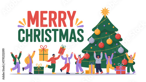 Festive Cheer: A joyful christmas illustration with dancing figures around christmas tree and gift boxes, conveying the essence of holiday spirit and seasonal festivities.