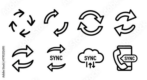 Set of black outline sync and refresh icons featuring circular arrows, cloud data transfer, and smartphone synchronization symbols.