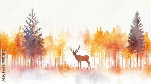 Serene watercolor landscape featuring majestic deer standing amidst vibrant autumn forest. warm hues of orange and yellow create tranquil