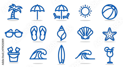 Collection of blue outline summer beach icons including palm tree, umbrella, sun, ball, sunglasses, flip-flops, seashell, starfish, bucket, waves, surfboard, an