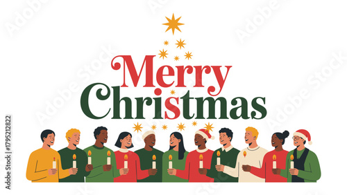 Christmas Carols and Joy: A group of diverse individuals, gathered in a joyous chorus beneath the festive inscription Merry Christmas, embodies the spirit of unity and celebration.