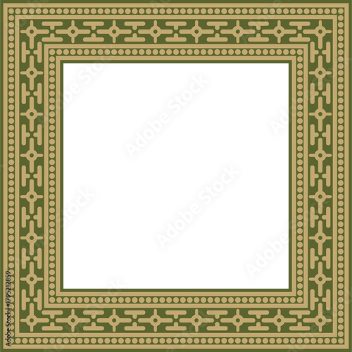 Vector square gold with green ancient Russian ornament. Slavic rectangle, border, frame. Painting of the royal chambers.