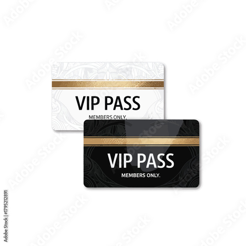 Two vip passes one white and one black with gold accents and text