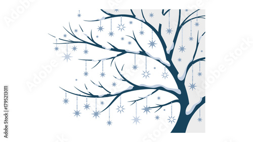 Winter's Embrace: A tree silhouette, adorned with delicate snowflakes, captures the serenity of winter.