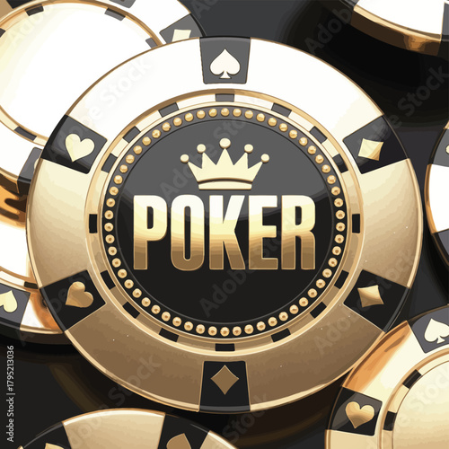 Close up of a golden poker chip with the word poker and a crown symbol