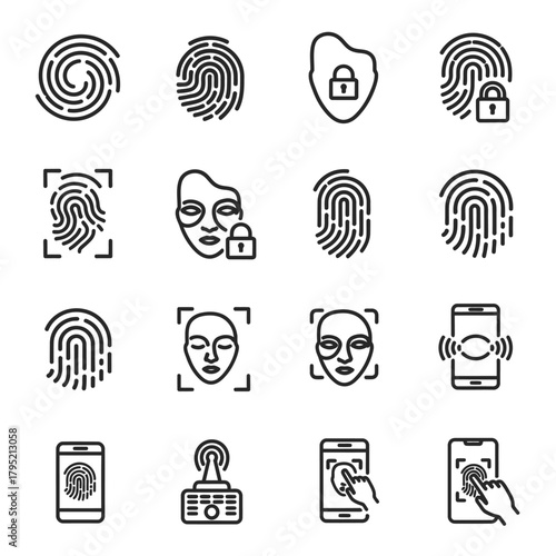 Collection of Digital Security and Biometric Identification Icons.