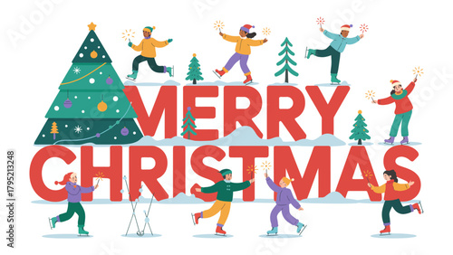 Merry Christmas Illustration: Whimsical scene of people skating on a snowy landscape, forming a joyful festive greeting.
