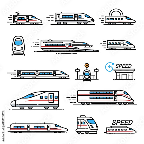Collection of Various Modern High-Speed Train Illustrations in Linear Style.