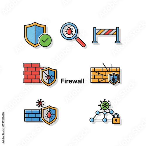 Cybersecurity Firewall Icons Representing Protection and Threat Detection.