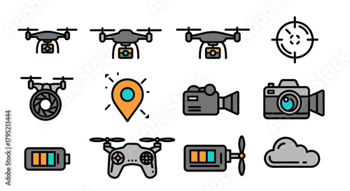 Drone and Camera Icon Set - Aerial Photography, Videography, and Navigation Symbols.