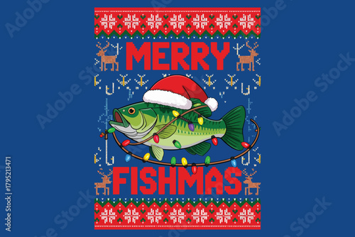 Merry fishmas ugly christmas sweater design with bass fish wearing santa hat