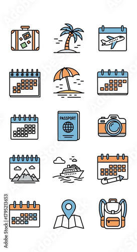 Vibrant collection of hand-drawn travel and tourism icons in a colorful line art doodle style.
