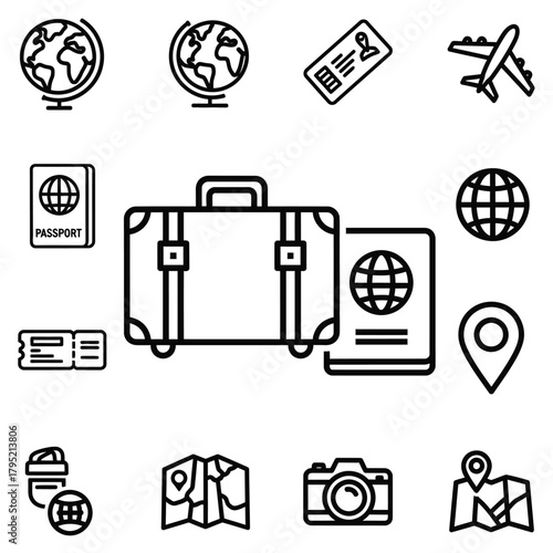 Diverse collection of minimalist black outline travel icons, featuring essential elements like suitcase, passport, and globe.
