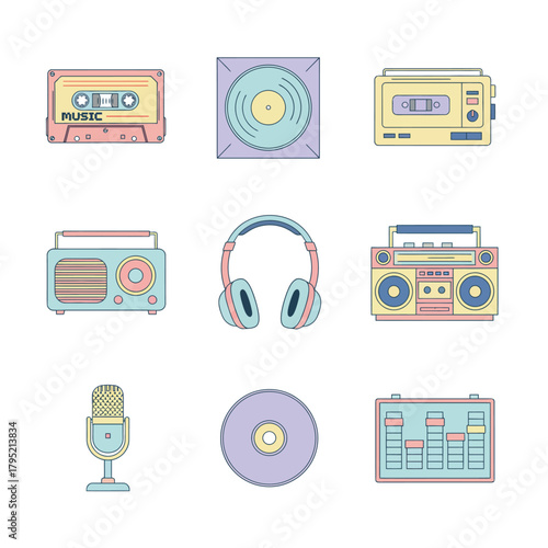 A collection of retro music and audio equipment icons in pastel colors.