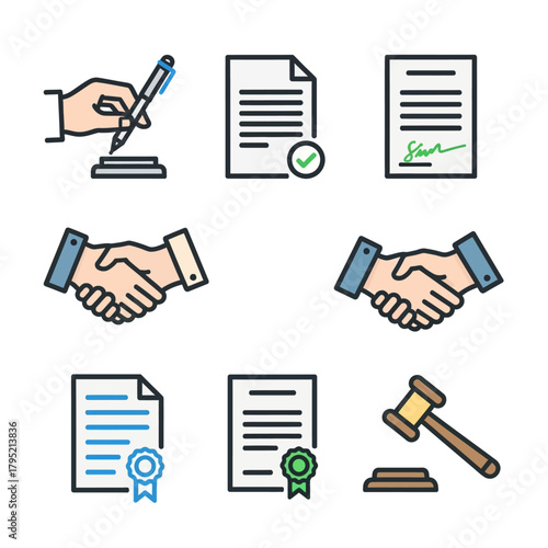 Agreement Icons - Hand Signing, Documents, Handshake, and Gavel in Flat Design.