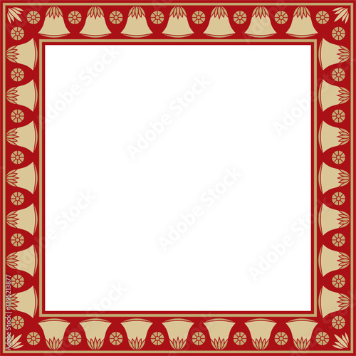 Vector gold with red square Egyptian ornament. Rectangle, frame, ancient Egypt.Pattern of lotus flowers and sun