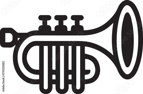 A bold, black and white illustration of a trumpet. The instrument is rendered with clean lines, conveying its classic form and musical essence.
