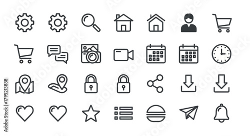 Collection of Minimalist Line Icons - Gear, Magnifier, Home, User, Cart, and More.