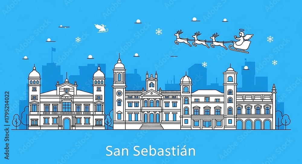 Obraz premium San sebastian cityscape with santa claus flying in sleigh