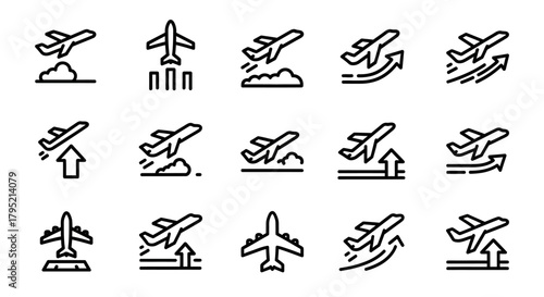 Airplane Icons Set - Black and White Line Art, Takeoff and Flight.