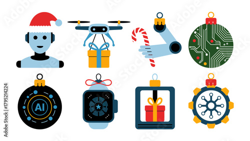 Technological Christmas: A festive collection of digital ornaments and robot illustrations, perfect for holiday-themed tech designs. 