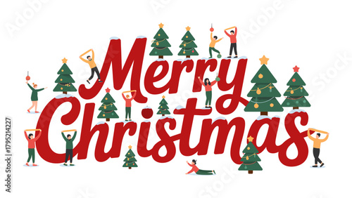 Merry Christmas Festive Design: An artistic display that creatively spells out the heartwarming Merry Christmas, decorated with charming people and evergreen trees.