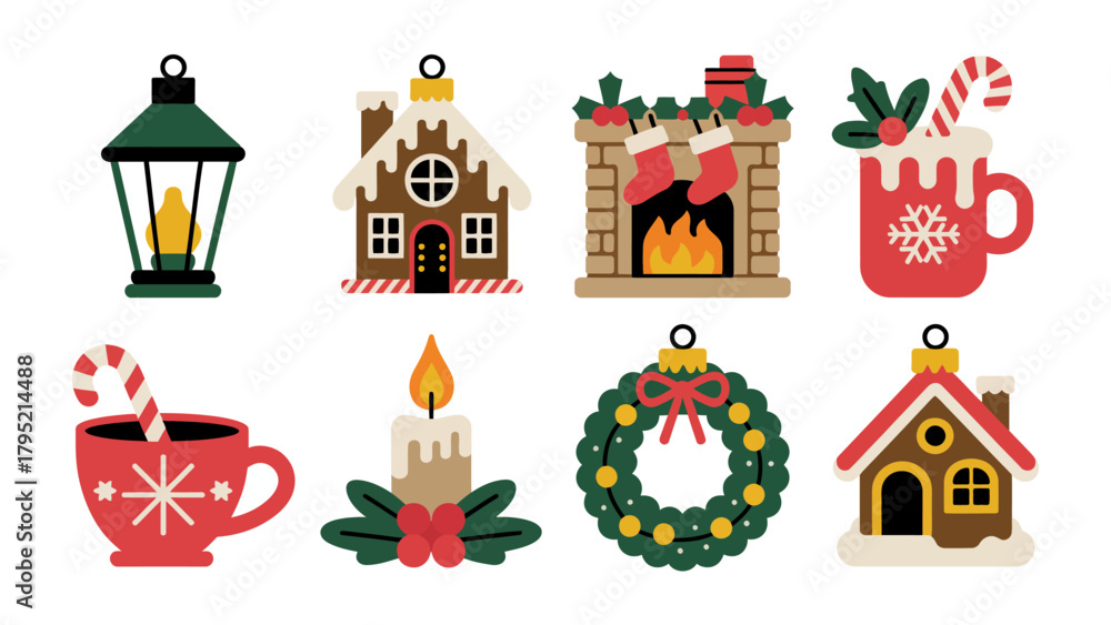 Obraz premium Festive Holiday Collection: A charming collection of iconic Christmas decorations including a lantern, gingerbread houses, a fireplace, and more. Capturing the warm glow of the holiday season.