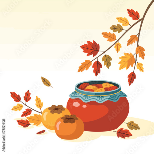 Autumn harvest still life with persimmons and a pot of jam surrounded by colorful fall leaves
