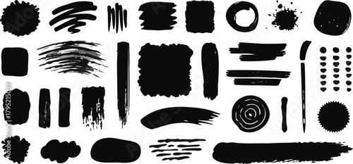 Collection of hand drawn black brush strokes, ink splatters.