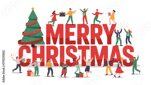 Festive Season: A vibrant illustration showcasing the joyful spirit of the festive season with a christmas tree, adorned with cheerful figures celebrating and sharing the essence of togetherness