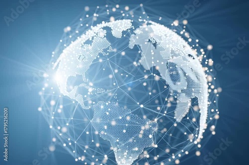 Digital globe visualization with interconnected nodes and bright light, showcasing the Earth's continents, camera zooms out to reveal expansive network connections