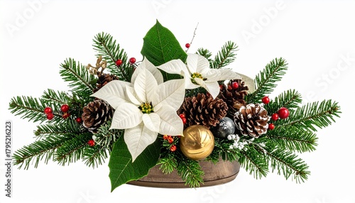 Festive Christmas table decoration featuring a beautiful white poinsettia, green pine needles, and golden baubles isolated on a white background