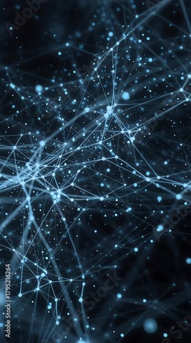 Abstract digital network visualization with glowing blue nodes and interconnected lines, showcasing dynamic movement and depth, camera zooms out to reveal complexity