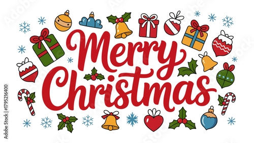 Festive Cheer: A cheerful illustration of Merry Christmas adorned with a delightful array of holiday ornaments, including gift boxes, bells, and candy canes.