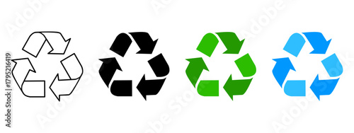Recycle icon set, Recycling symbol variations design. Flat vector illustration design isolated on white background.