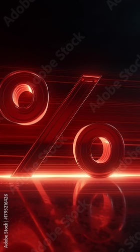 Glowing red percentage symbol emerges from dark background, showcasing dynamic lighting effects and reflections, camera smoothly zooms in for dramatic emphasis