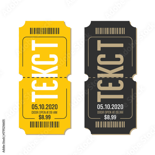 Two vintage style tickets one yellow and one black isolated on white background