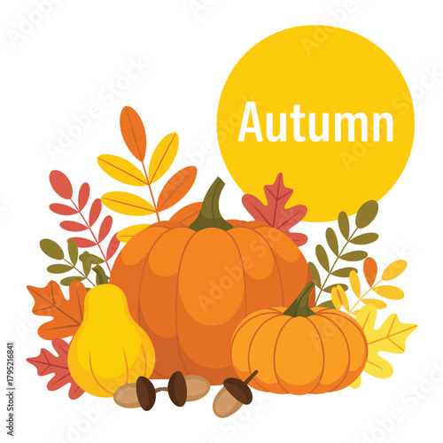 Autumn harvest celebration with pumpkins pears and falling leaves illustration