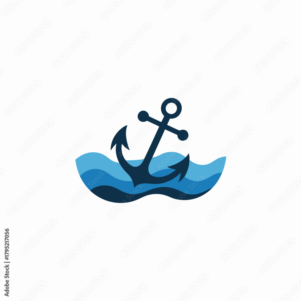 Fototapeta premium Stylized anchor floating on blue waves nautical symbol