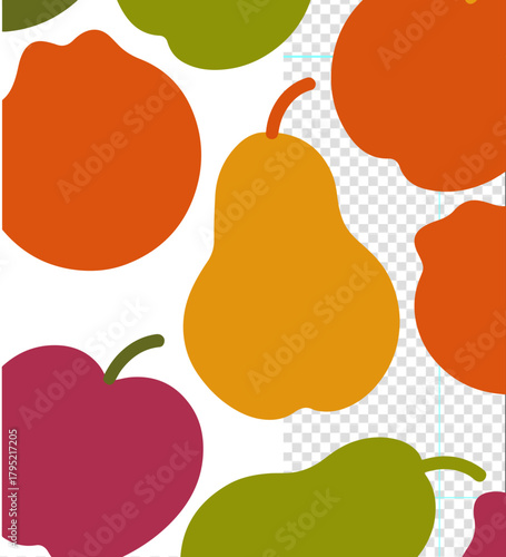 Illustration of abstract pattern of colorful fruits like apples and pears on a white background