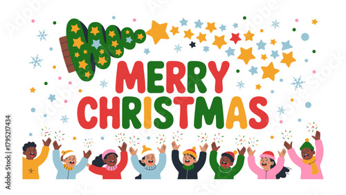 Christmas cheer illustrated: Joyful children, with raised hands, revel in the festive spirit of Christmas, surrounded by celebratory decorations and a merry Christmas greeting.